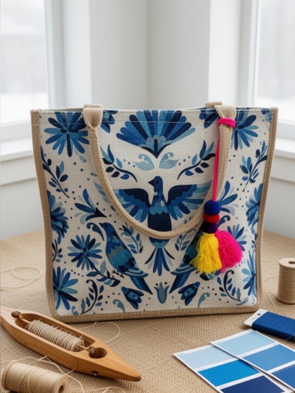 Hand Crafted Blue Folk Bird Tote with Bright Tassel